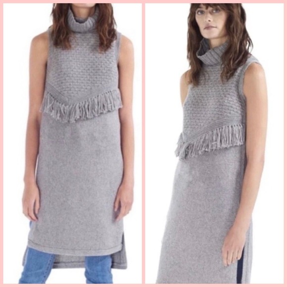 NOMAD by MORGAN CARPER Fringed Gray Sleeveless Tunic Sweater Dress TurtleNeck M - Picture 3 of 16